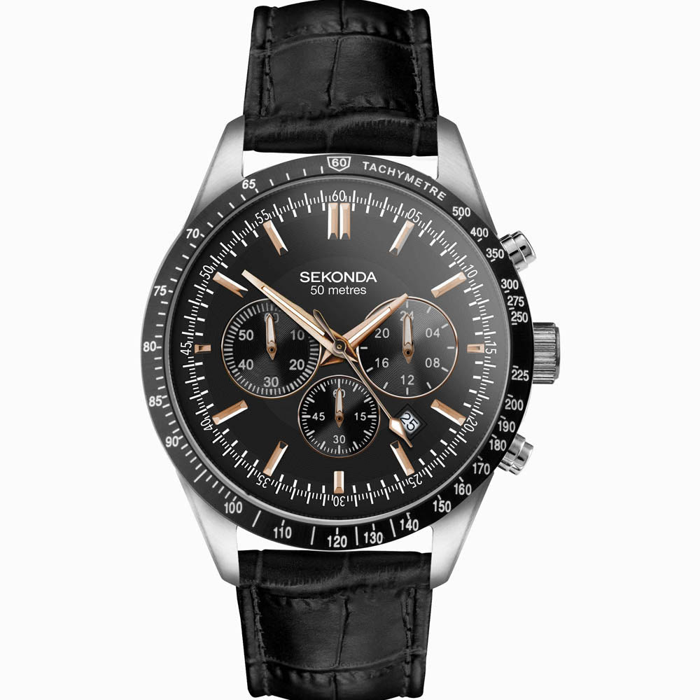 Sekonda Mens Velocity Chronograph Black Leather Strap with Black Dial Watch 30017.2730017.27