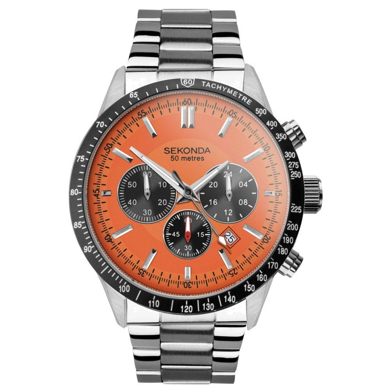 Sekonda Mens Velocity Chronograph Stainless Steel Bracelet with Orange Dial Watch 30025.2730025.27