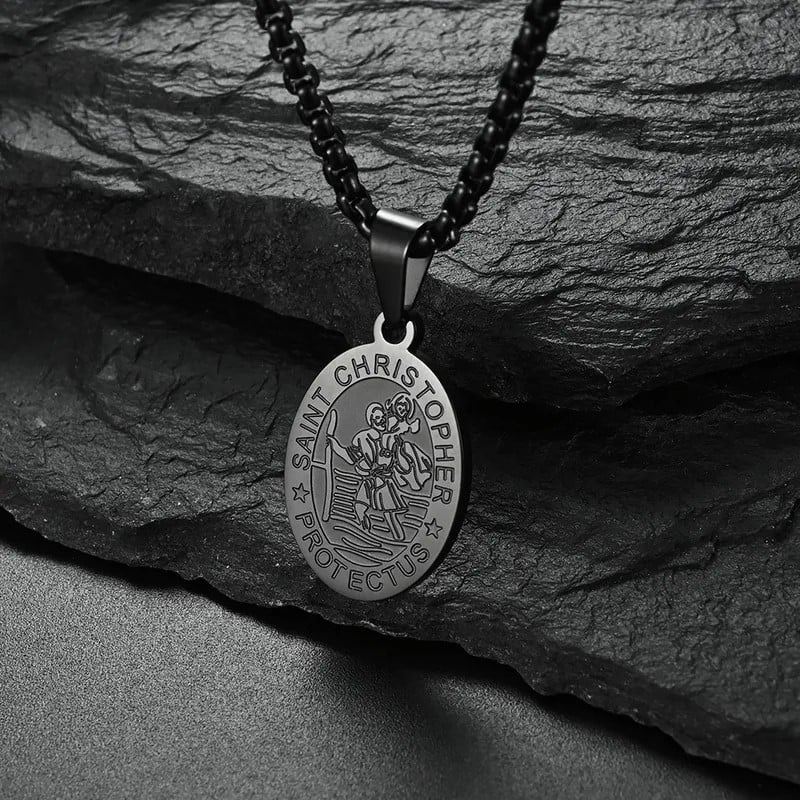 Stainless Steel Black St. Christopher Pendant