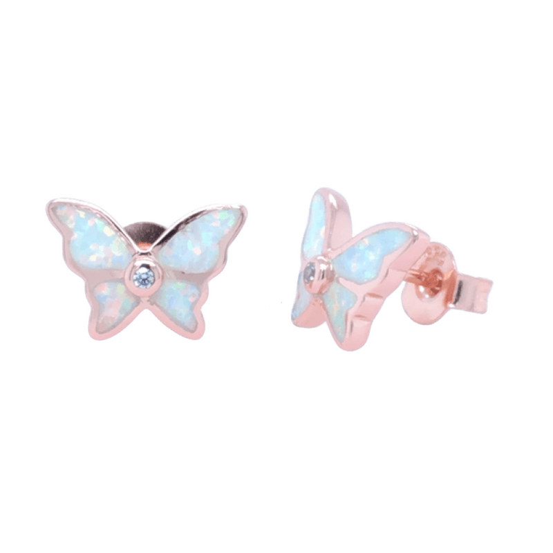 Sugar Sugar Rose Gold Plated White Lab Opal Butterfly Stud Earrings