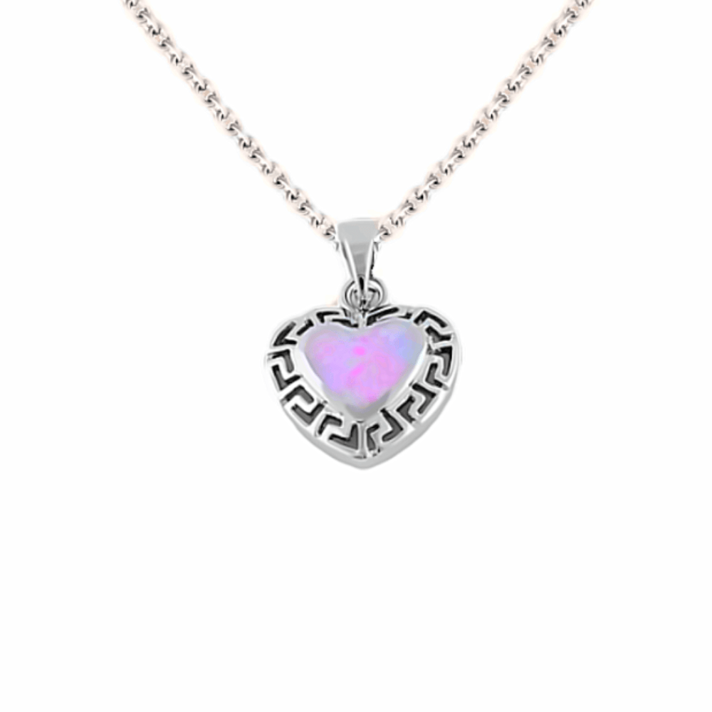 Sugar Sugar Silver Heart Greek Pattern Pink Lab Opal Pendant with Chain