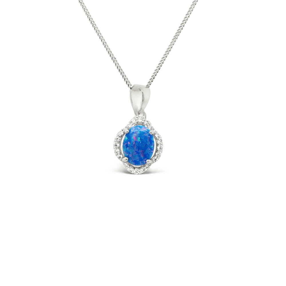 Sugar Sugar Silver Oval Lab Blue Opal and Halo Pendant