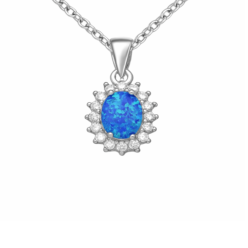 Sugar Sugar Sterling Silver Blue Lab Opal with CZ Halo Pendant