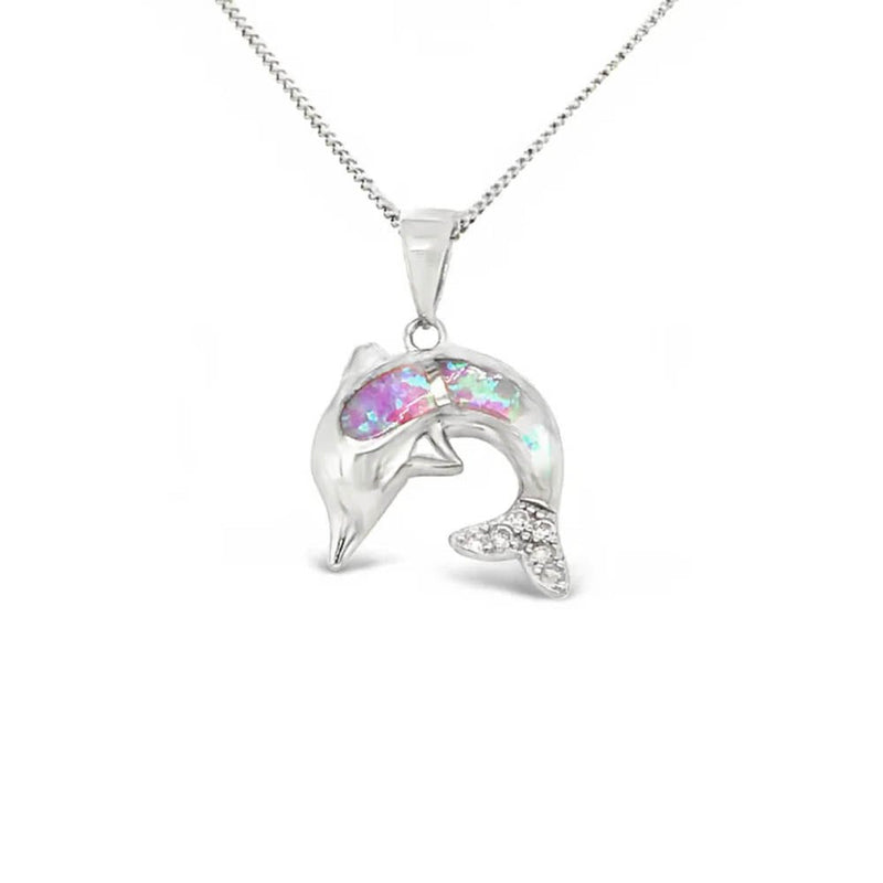 Sugar Sugar Sterling Silver Pink CZ & Lab Opal Dolphin CZ Pendant