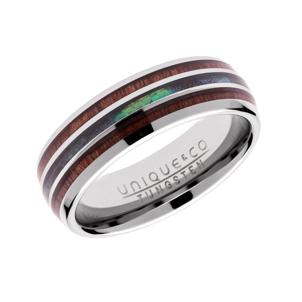 Tungsten Carbide with Wood And Abalone Shell Inlay 7mm Ring