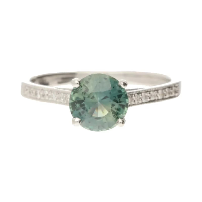 18ct White Gold Teal Sapphire & 0.12ct Diamond Ring - David Christopher Jewellers