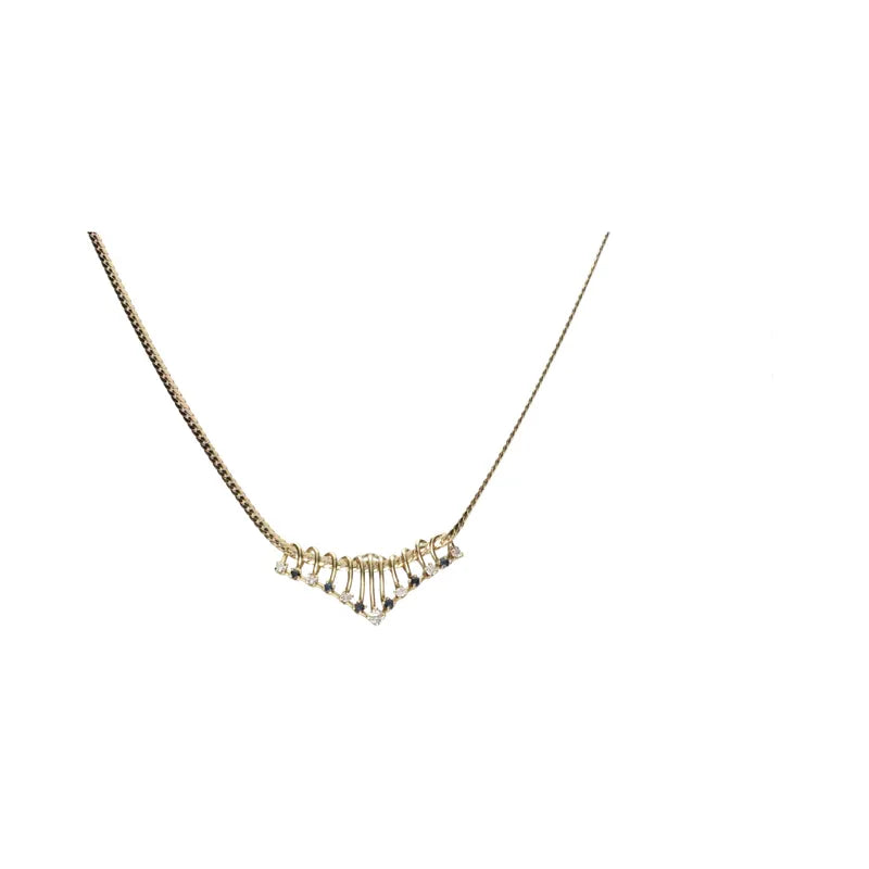 Pre-Owned 9ct Yellow Gold Diamond & Sapphire Set V Necklace