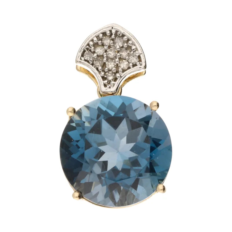 Pre-Owned 9ct Yellow Gold Round Cut Blue Topaz & Diamond Set Pendant