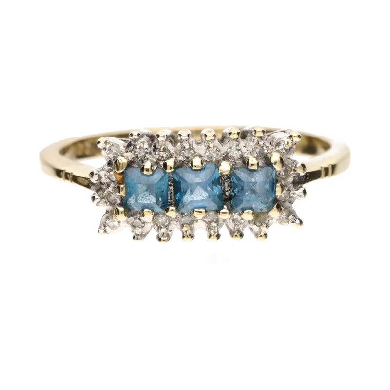 Pre-Owned 9ct Yellow Gold Blue Topaz & Diamond Cluster Ring