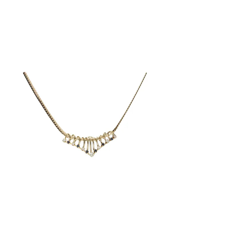 Pre-Owned 9ct Yellow Gold Diamond & Sapphire Set V Necklace