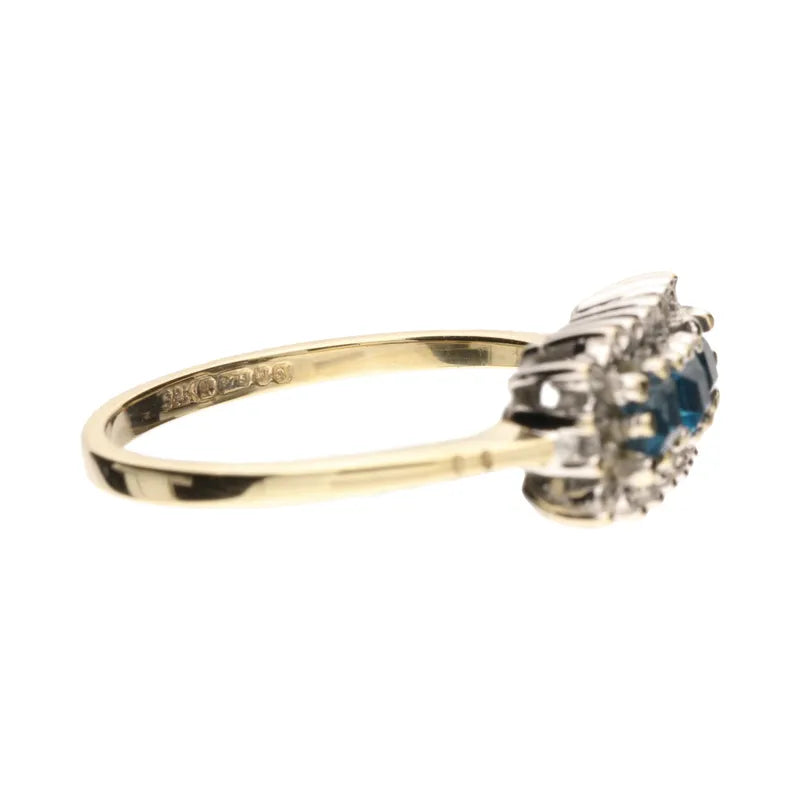 Pre-Owned 9ct Yellow Gold Blue Topaz & Diamond Cluster Ring