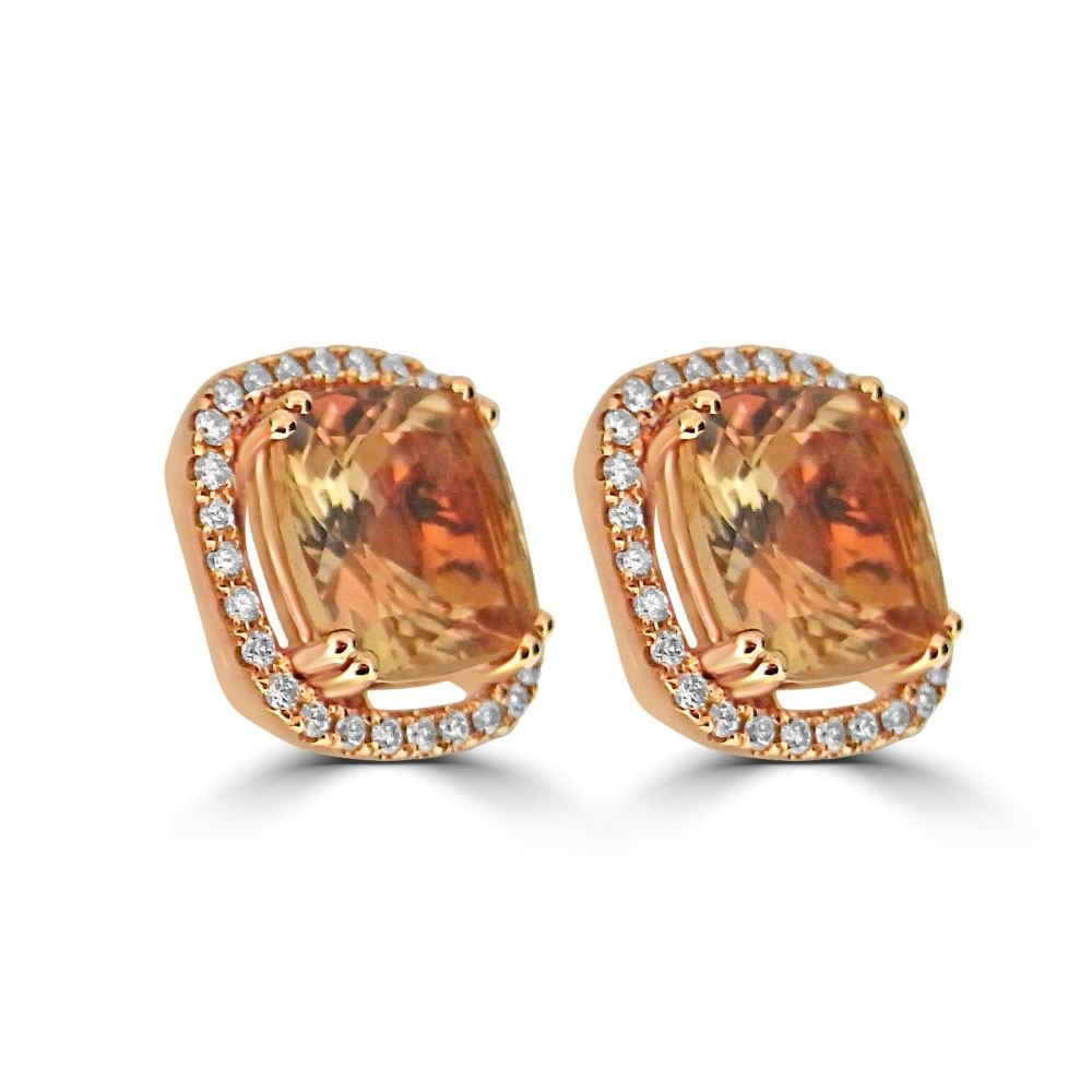 18ct Rose Gold Morganite & Diamond Cushion Cluster Stud EarringsARG525