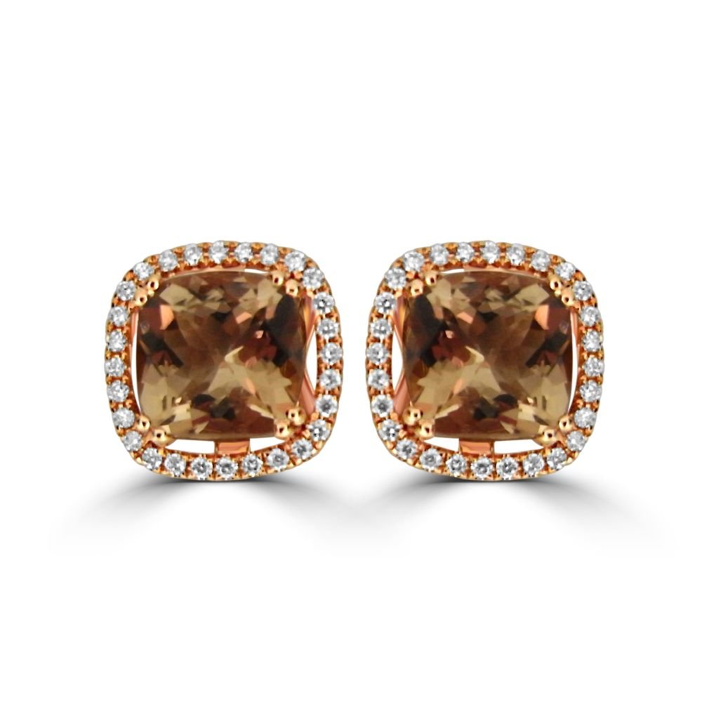 18ct Rose Gold Morganite & Diamond Cushion Cluster Stud EarringsARG525