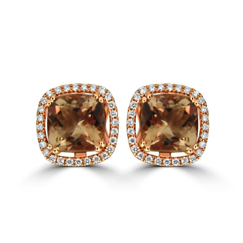 18ct Rose Gold Morganite & Diamond Cushion Cluster Stud EarringsARG525