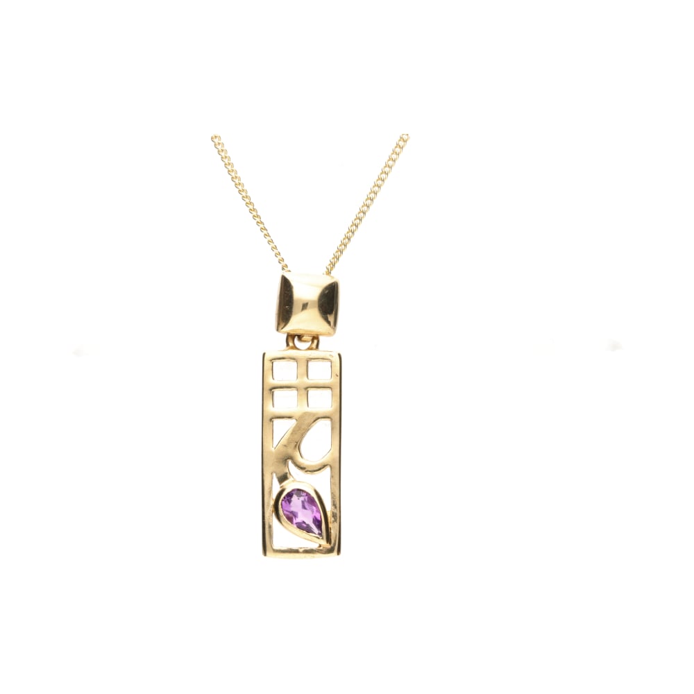 Pre-Owned 9ct Yellow Gold Pear Cut Amethyst Pendant and Chain 18inch 2.33g image 0