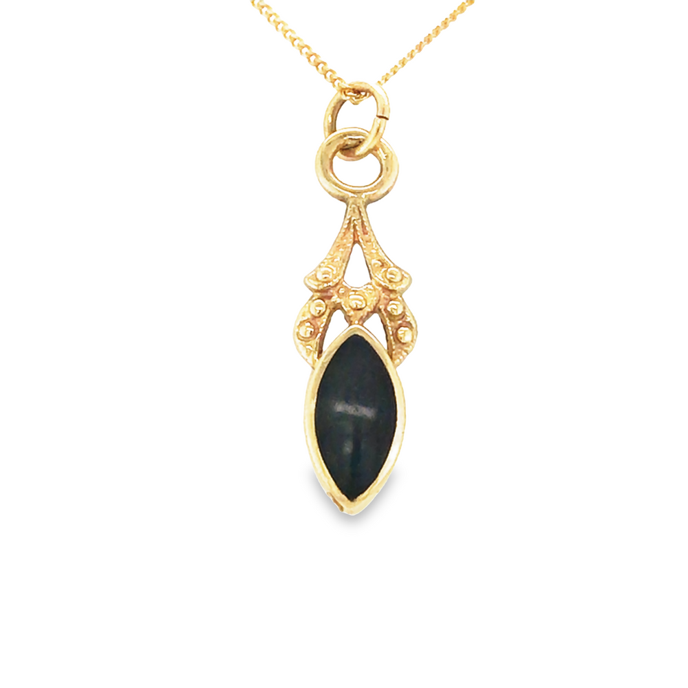Pre-Owned 9ct Yellow Gold Marquise Cut Jet Drop Pendant &amp; 20 inch chain image 0
