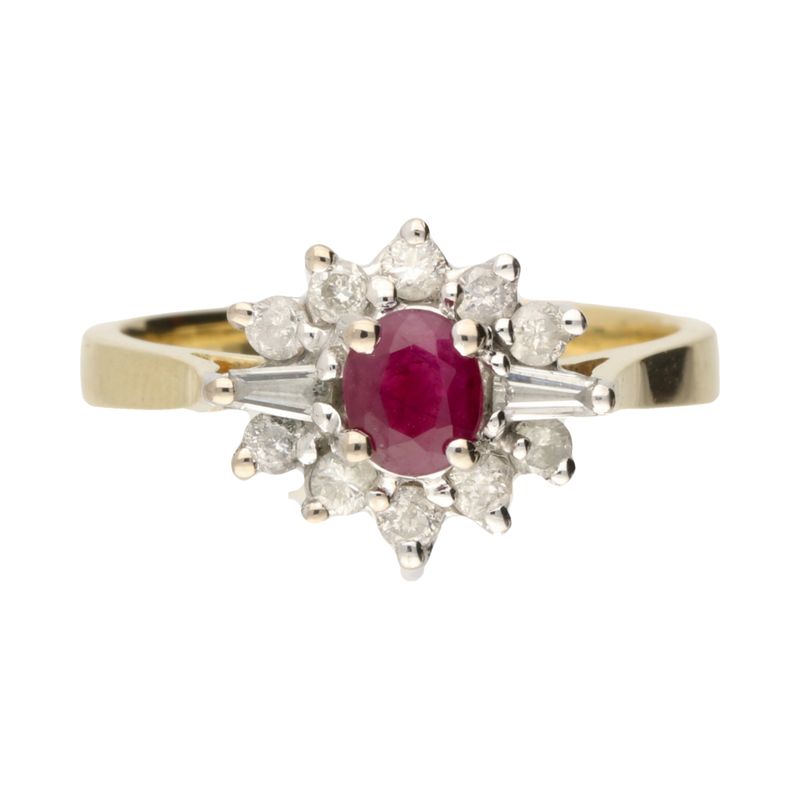 Pre-Owned 9ct Yellow Gold Ruby & Dimond Cluster Ring