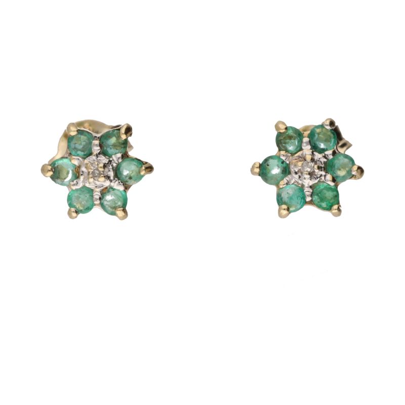 Pre-Owned 9ct Yellow Gold Emerald & Diamond Flower Stud Earrings