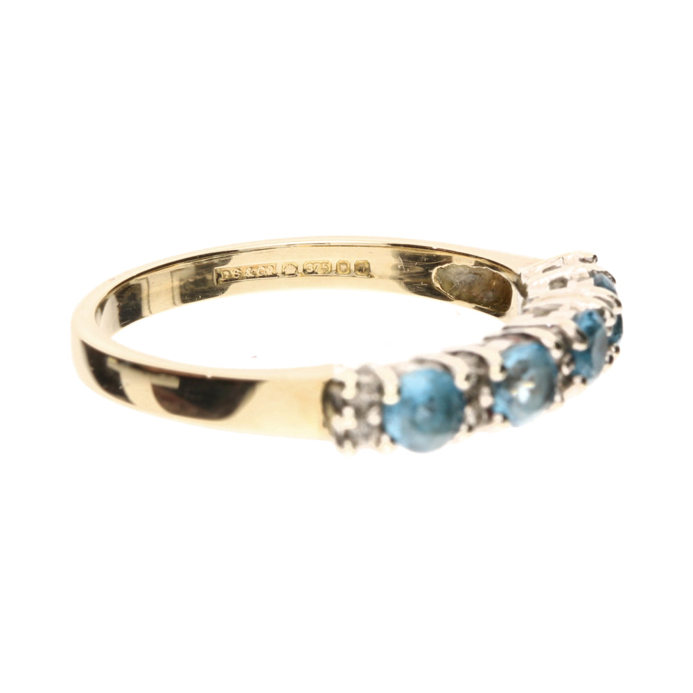 Pre-Owned 9ct Yellow Gold Blue Topaz & Diamond Set Half Eternity Ring