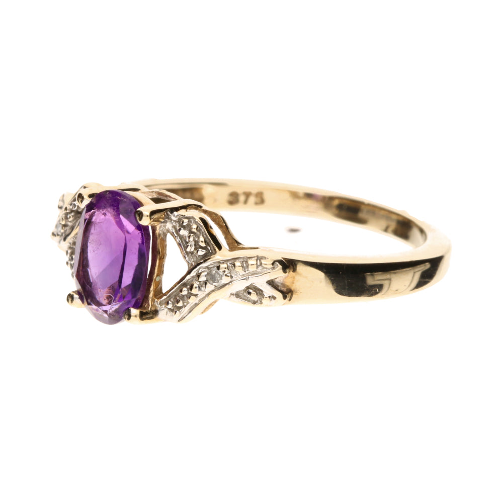 Pre-Owned 9ct Yellow Gold Amethyst & Diamond Set Swirl Ring