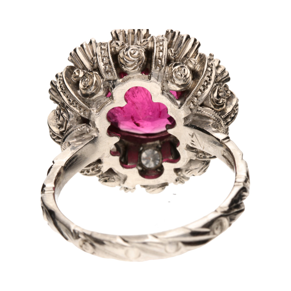 Pre-Owned 18ct White Gold Pink Tourmaline & Diamond Set Ornate Cluster Ring.