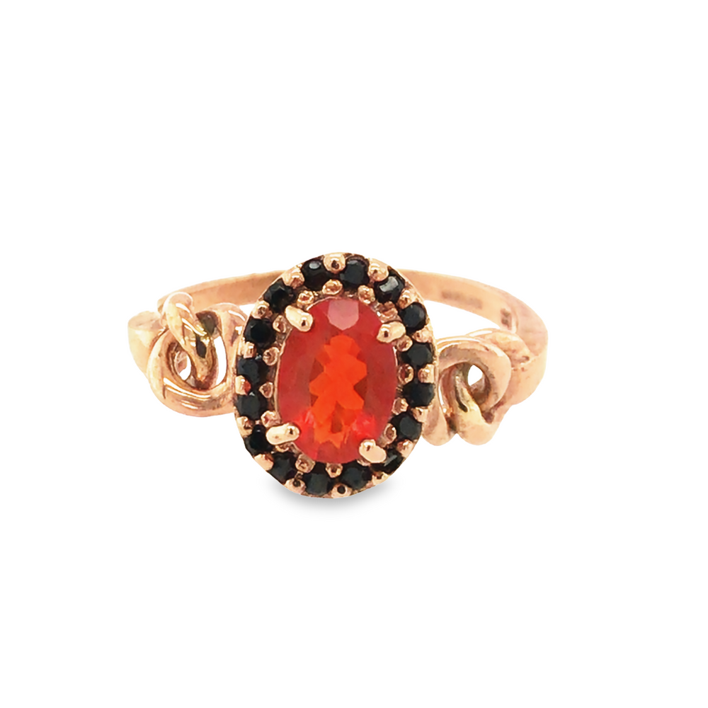 Pre-Owned 9ct Rose Gold Fire Opal &amp; Black Diamond Halo Ring 2.8g image 0