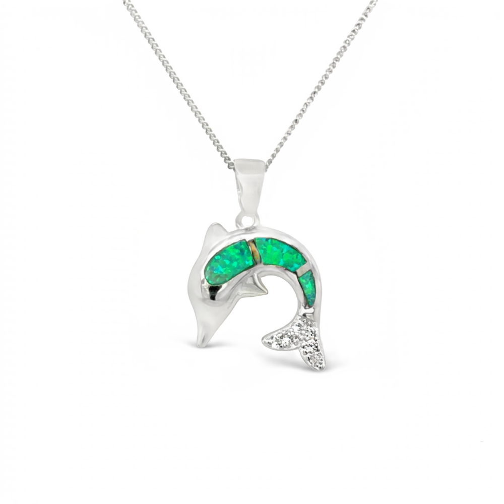 Sugar Sugar Silver Green Lab Opal Dolphin Pendant image 0