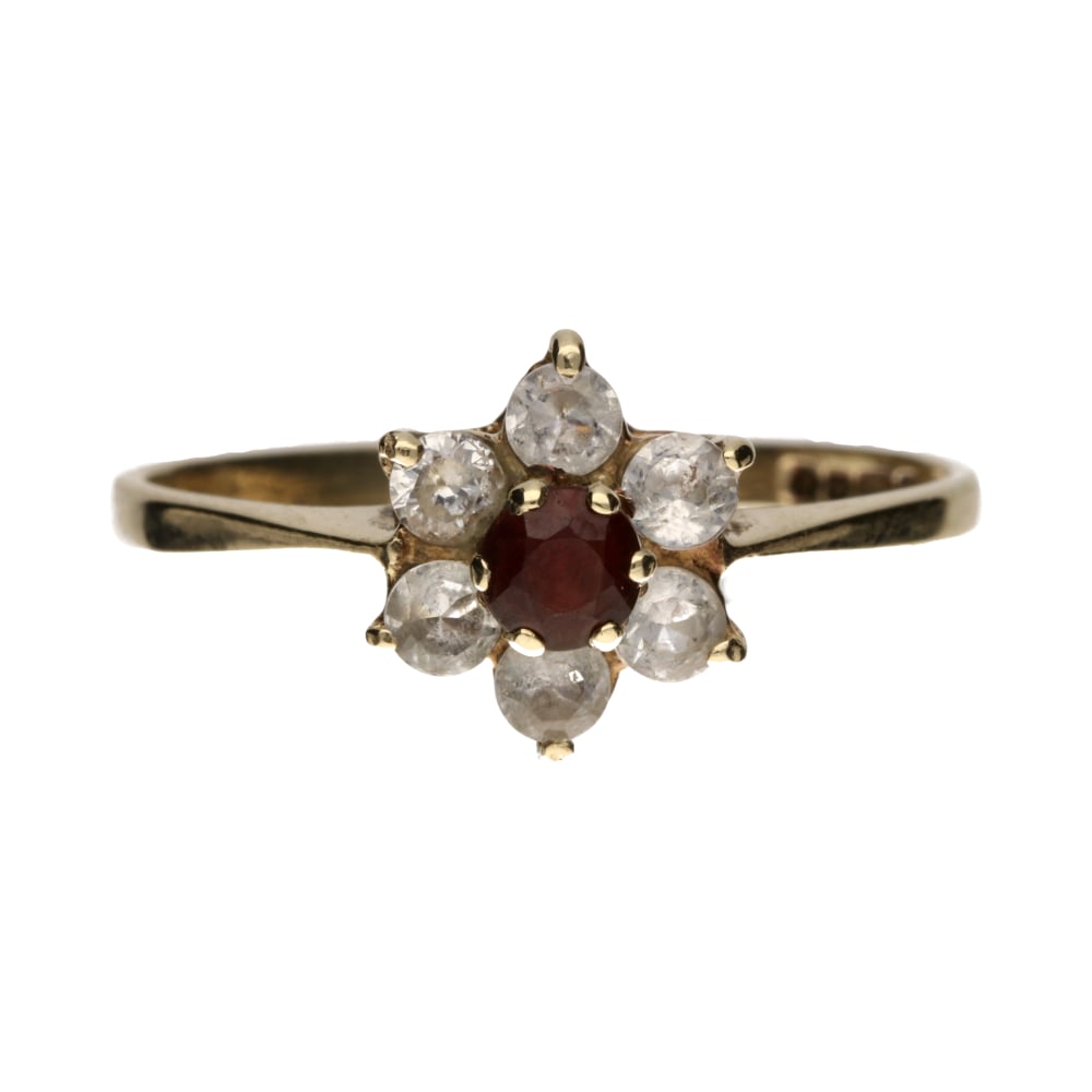 Pre-Owned 9ct Yellow Gold Red/Clear CZ Flower Cluster Ring image 0