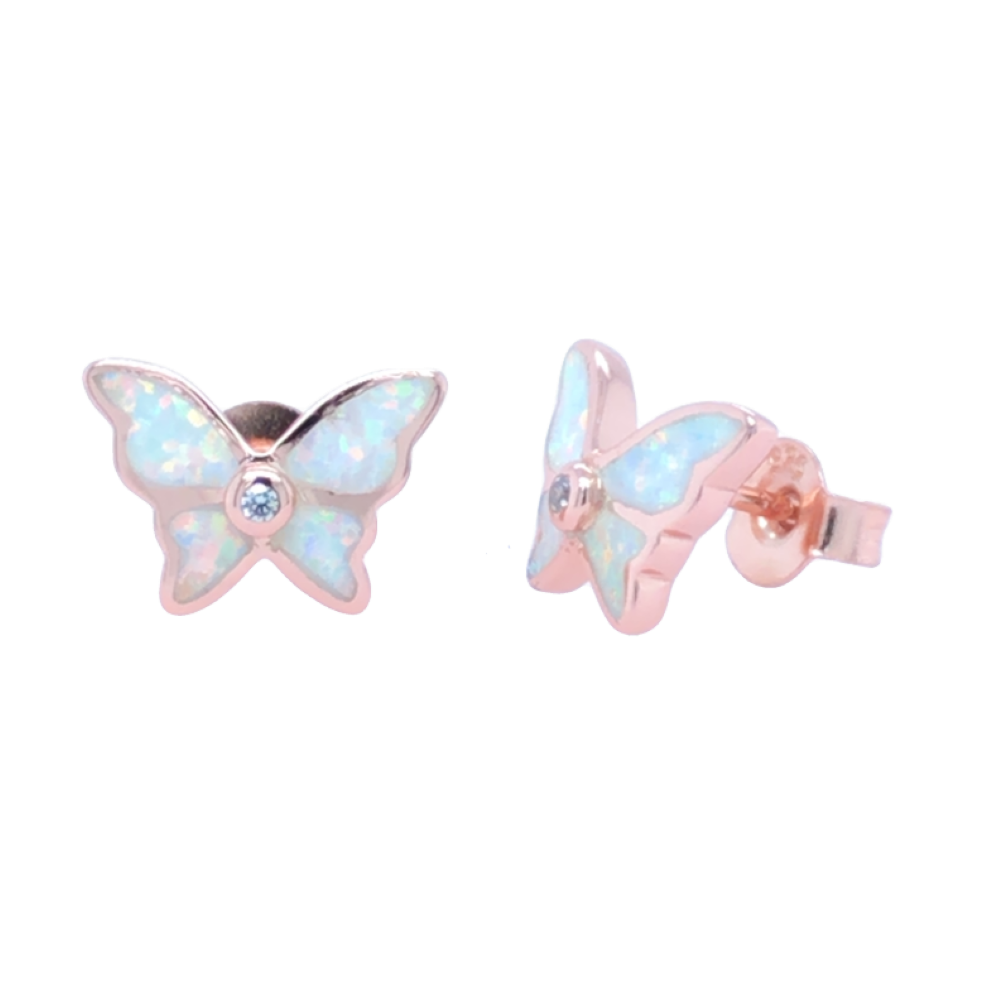 Sugar Sugar Rose Gold Plated White Lab Opal Butterfly Stud Earrings image 0