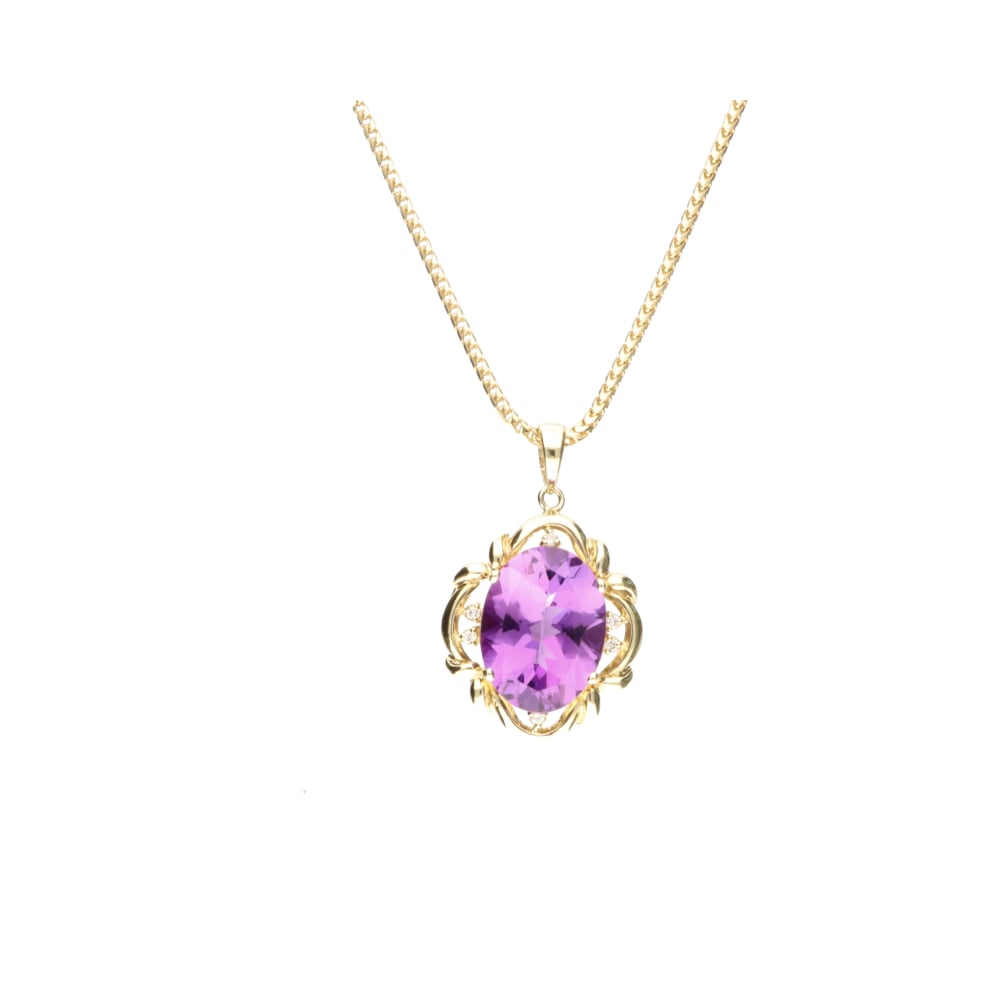 Pre-Owned 9ct Yellow Gold Large Amethyst &amp; Diamond Set Pendant on Foxtail Chain 20inch 10.83g image 0