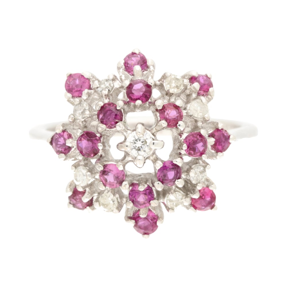 Pre-Owned 18ct White Gold Ruby &amp; Diamond Openset Cluster Ring image 0