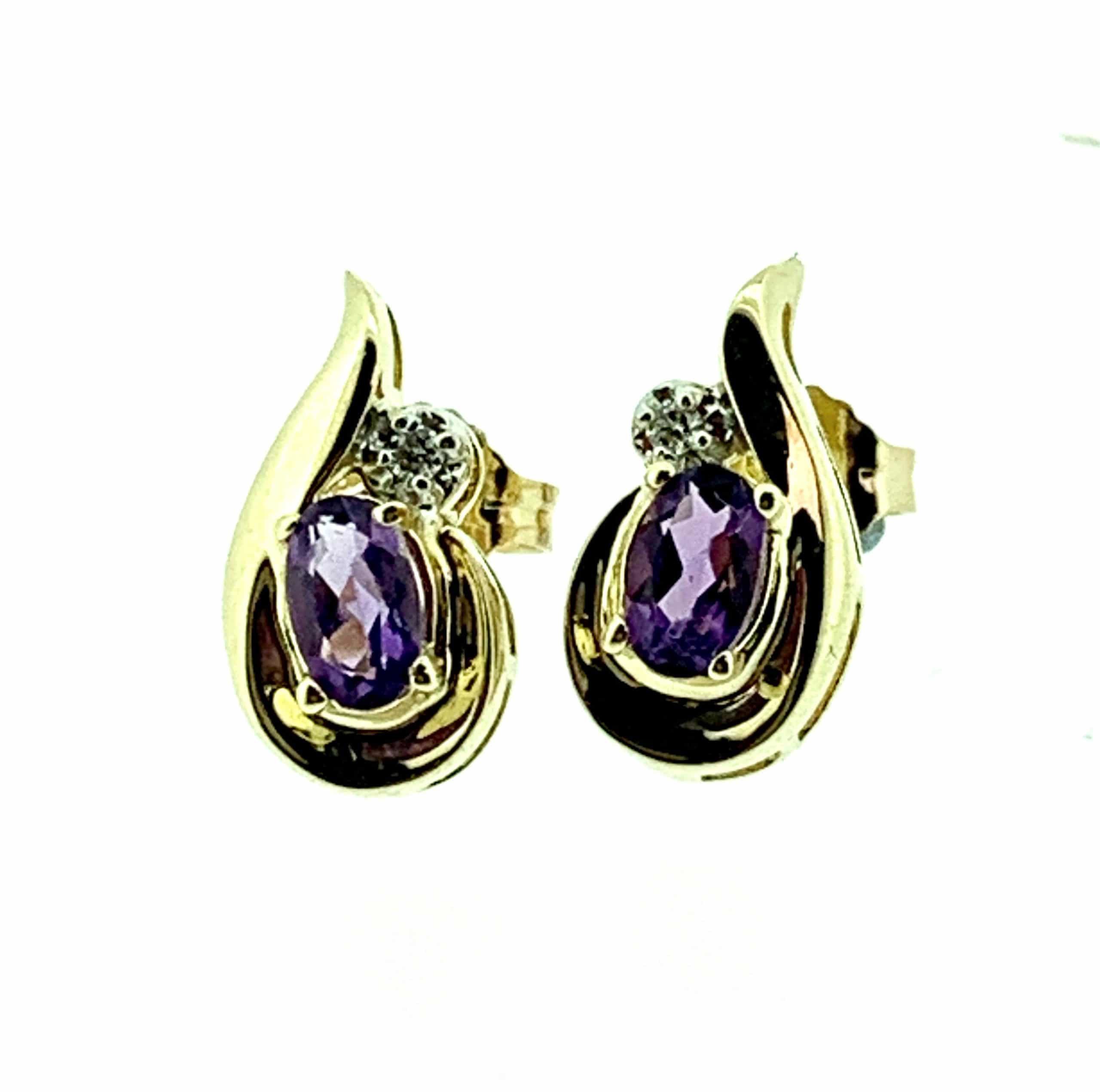 9ct Yellow Gold Amethyst &amp; Diamond Fancy Teardrop Stud Earrings image 0