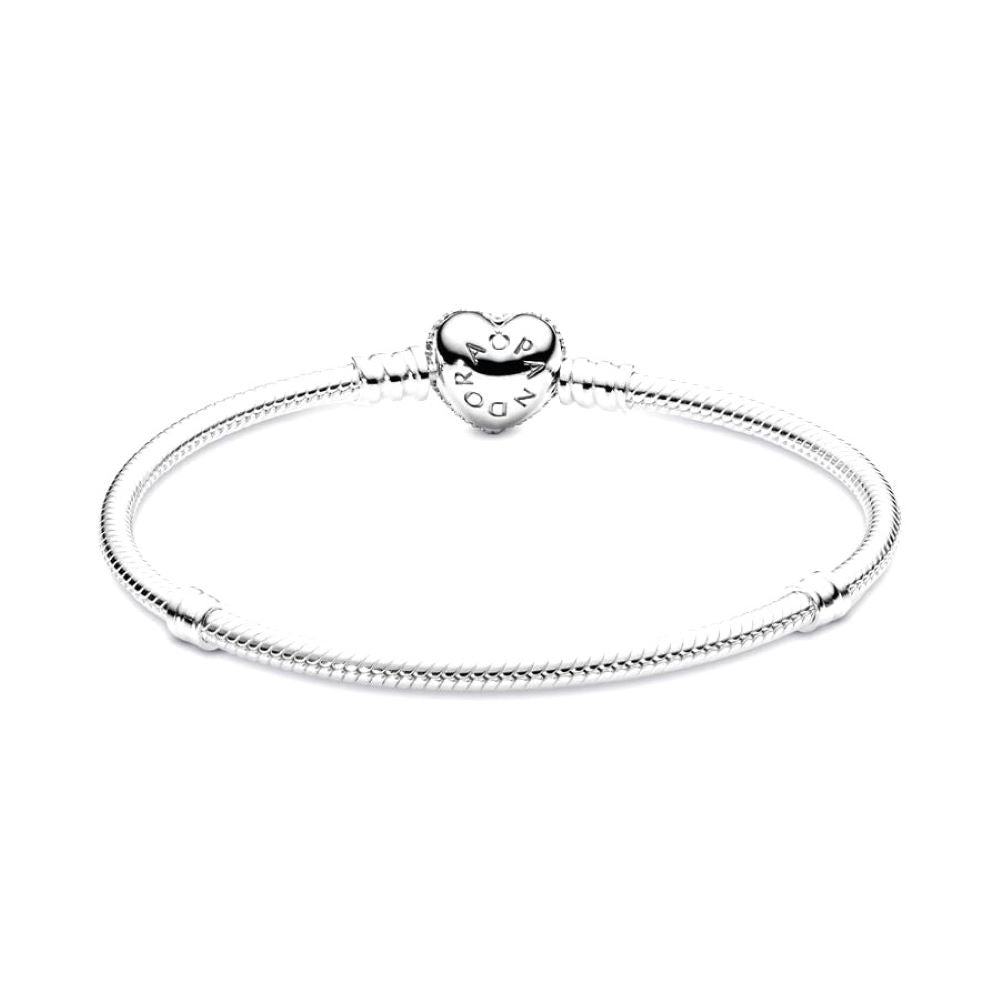 PANDORA Moments Sparkling Heart Pave Clasp Snake Chain Bracelet 590727CZ