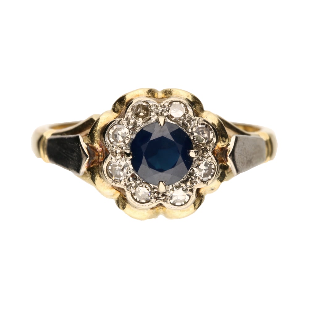 Pre-Owned 18ct Yellow Gold Sapphire 0.50ct &amp; Diamond 0.16ct Floral Cluster Ring Size N image 0