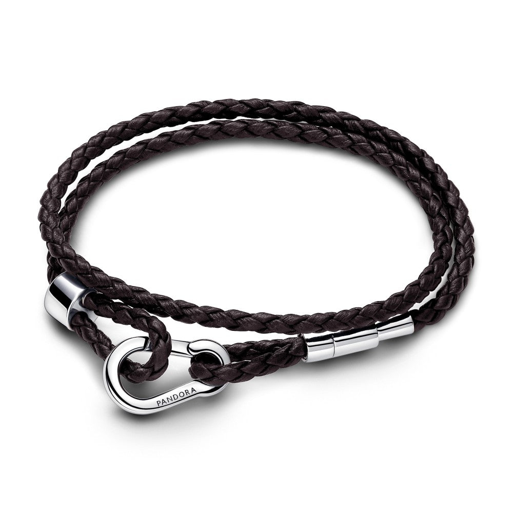 PANDORA Moments Brown Braided Double Leather Bracelet 593338C01