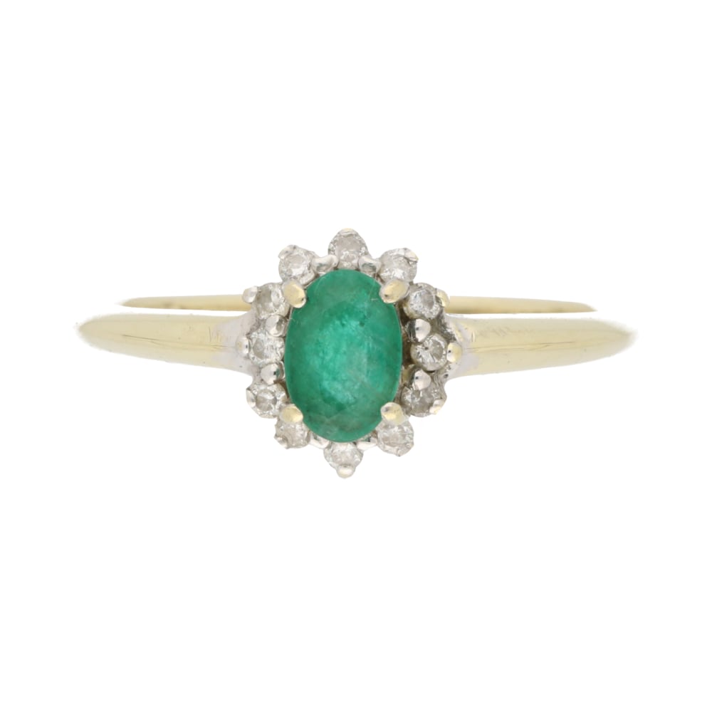 Pre-Owned 9ct Yellow Gold Oval Cut Emerald &amp; Diamond Set 0.15ct Cluster Ring image 0