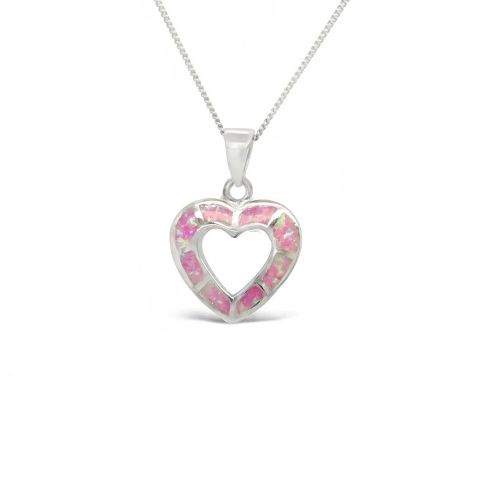 Sugar Sugar Silver Pink Lab Opal Hollow Heart Pendant image 0