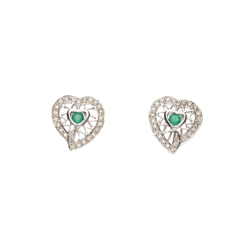 18ct White Gold Diamond &amp; Emerald Heart Stud Earrings image 0