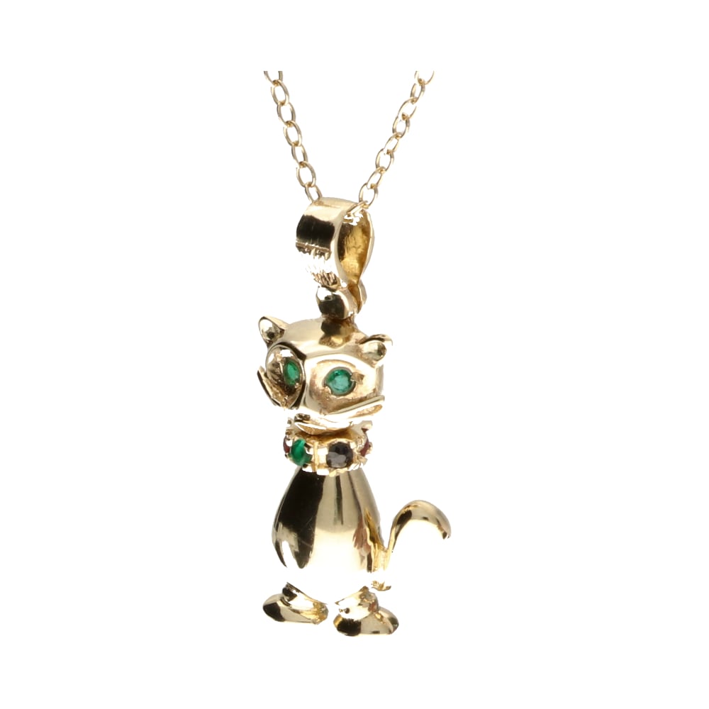 Pre-Owned 9ct Yellow Gold Emerald, Sapphire &amp; Ruby Set Cat Pendant 18inch 5.09g image 0