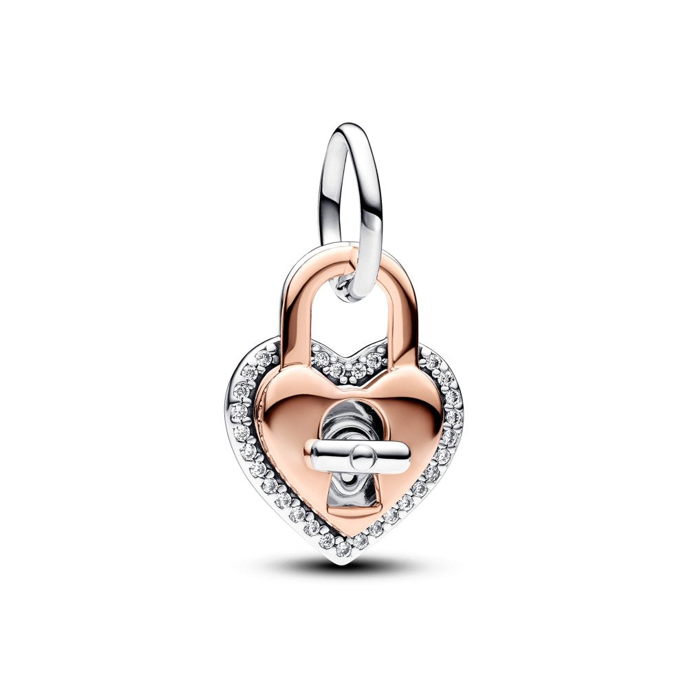 PANDORA Two-tone Twistable Heart Padlock Double Dangle Charm 783079C01