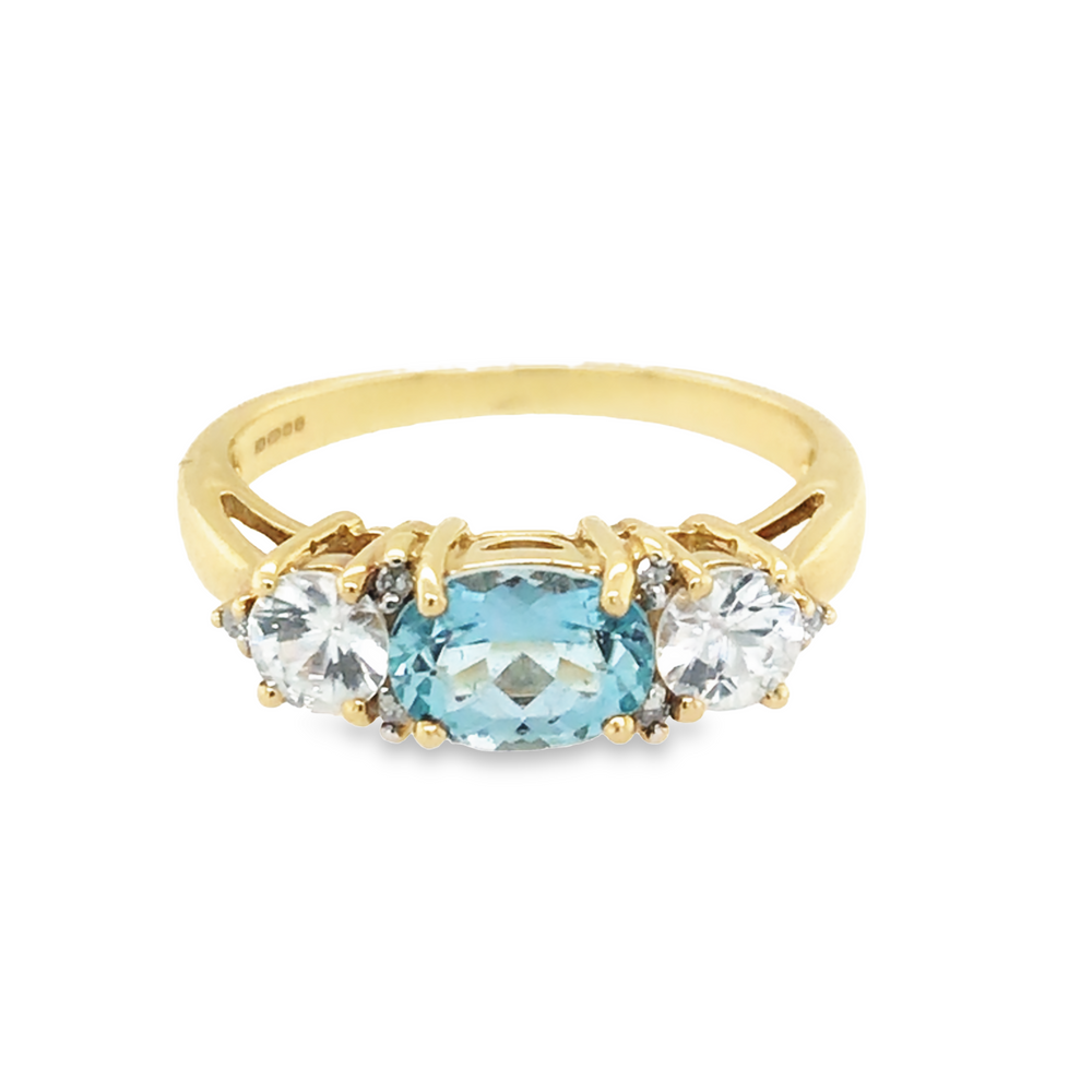 Pre-Owned 9ct Yellow Gold Blue Topaz &amp; CZ 3 Stone Ring 2.67g image 0