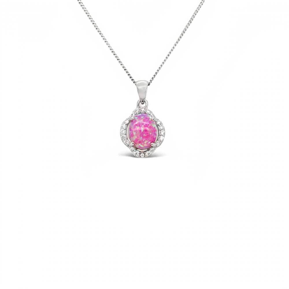 Sugar Sugar Silver Oval Lab Pink Opal and Halo Pendant image 0