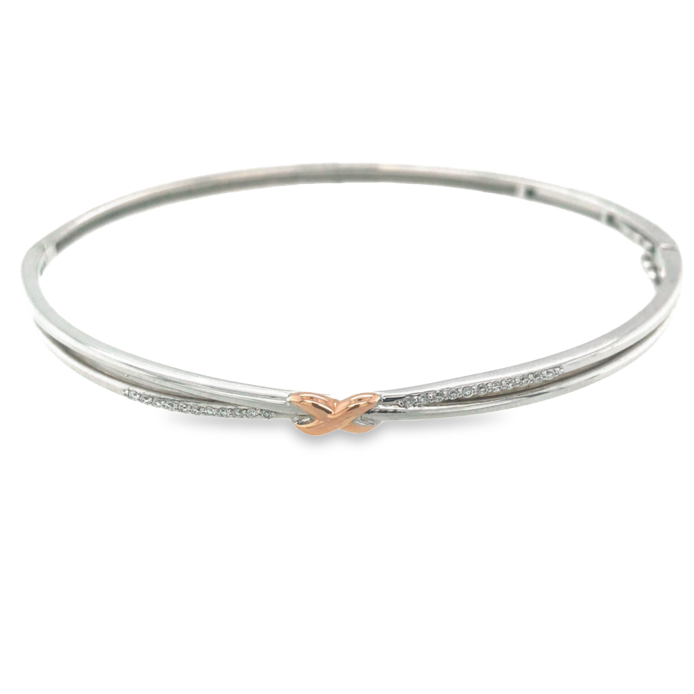 9ct White Gold with Rose Gold Cross Diamond Bangle image 0