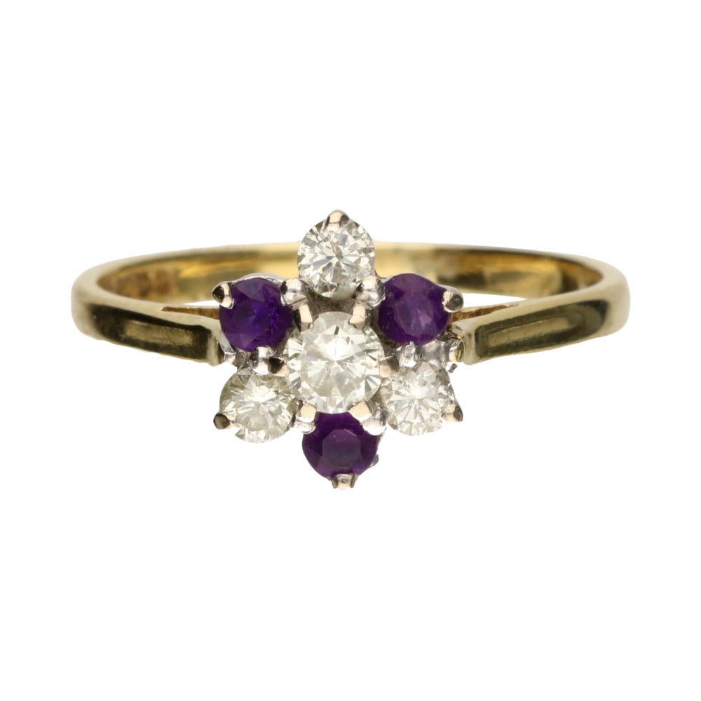 Pre-Owned 18ct Yellow Gold Diamond &amp; Amethyst Cluster Ring Approx. 0.30ct 2.73g image 0