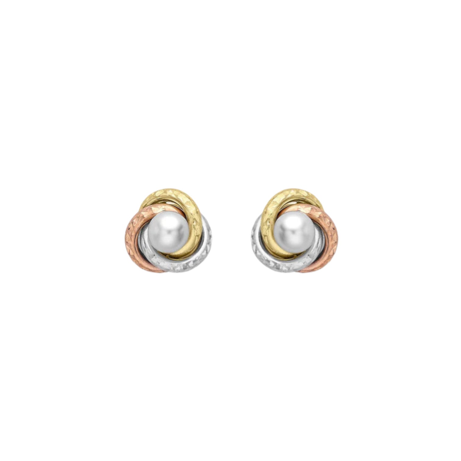 9ct 3 - Colour Gold 9mm Diamond Cut Knot and Pearl Stud Earrings
