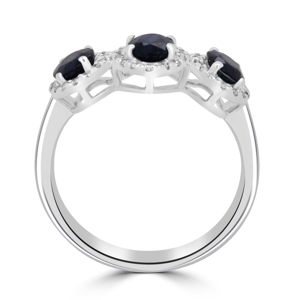 9ct White Gold 3 Stone Oval Sapphire Diamond Halo Ring 1.7ct Sapphire, 0.22ct DiamondWWW3435