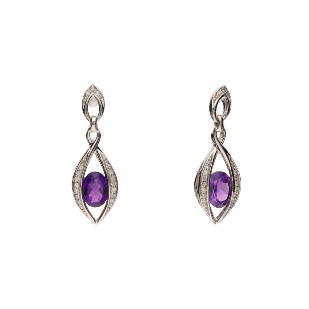 9ct White Gold Amethyst &amp; Diamond Set Drop Earrings