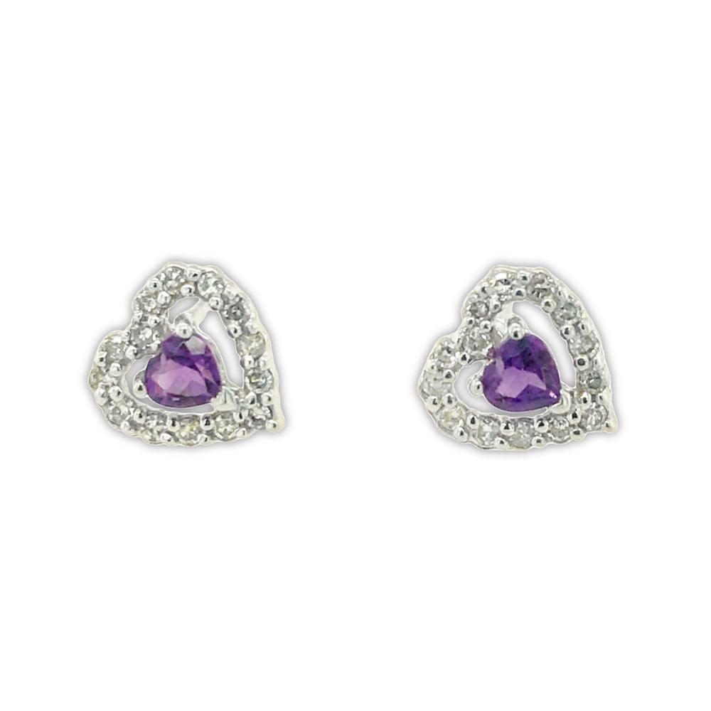 9ct White Gold Amethyst Heart Stud Earrings