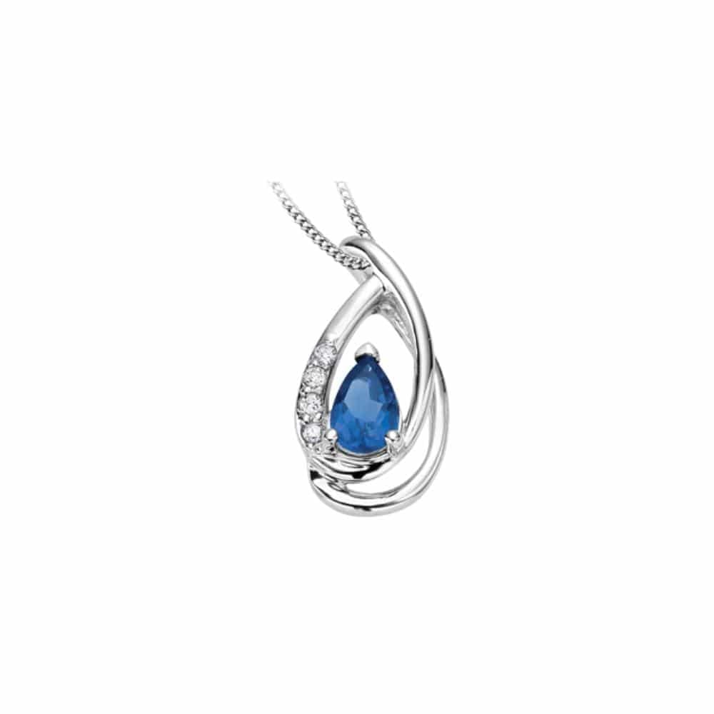 9ct White Gold Blue Topaz &amp; Diamond Fancy Teardrop Pendant Necklace