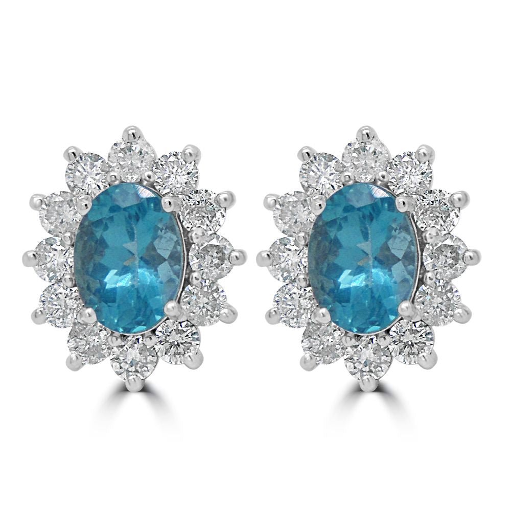 9ct White Gold Blue Topaz Oval Cut 0.85ct Diamond 0.47ct Cluster PendantWWW3539P